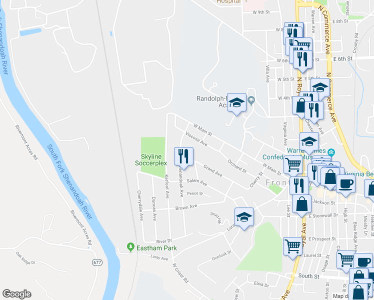 map of restaurants, bars, coffee shops, grocery stores, and more near 118 South Shenandoah Avenue in Front Royal