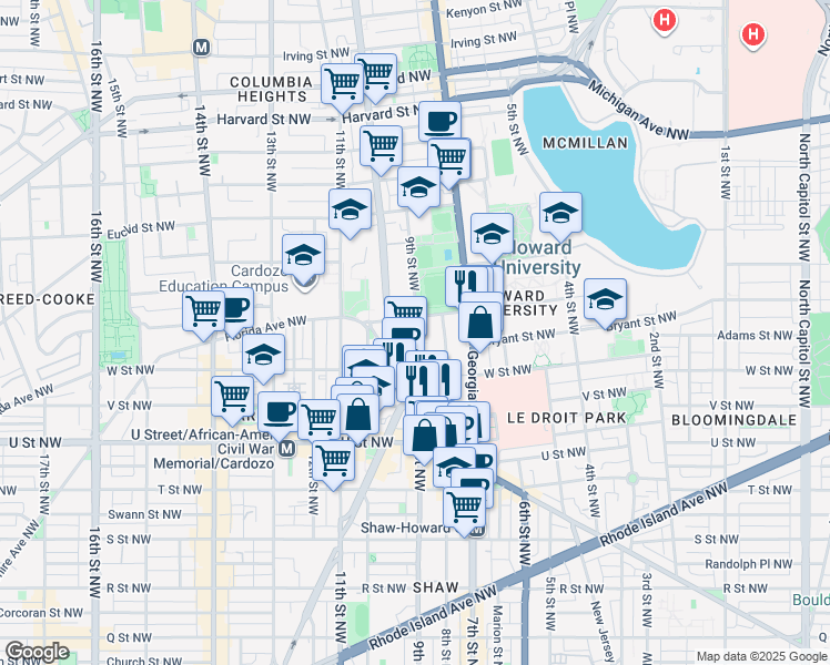 map of restaurants, bars, coffee shops, grocery stores, and more near 2251 Sherman Avenue Northwest in Washington