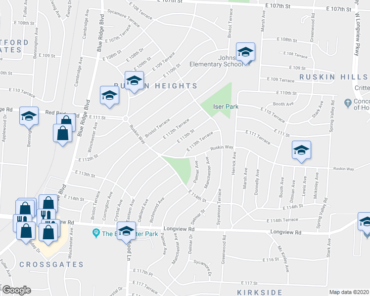 map of restaurants, bars, coffee shops, grocery stores, and more near 7806 East 113 Terrace in Kansas City