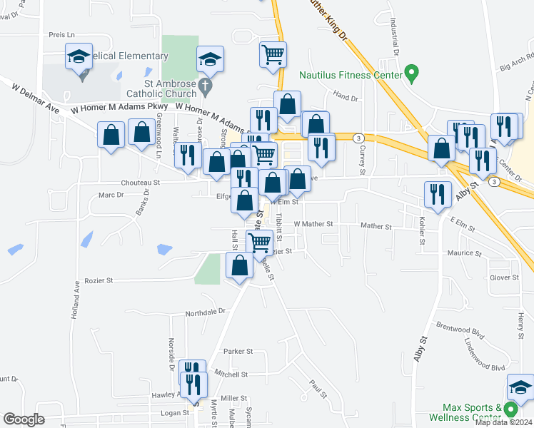 map of restaurants, bars, coffee shops, grocery stores, and more near 2513 State Street in Alton