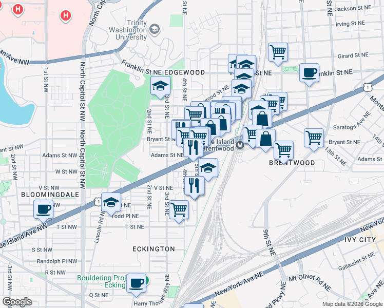 map of restaurants, bars, coffee shops, grocery stores, and more near 410 Rhode Island Avenue Northeast in Washington