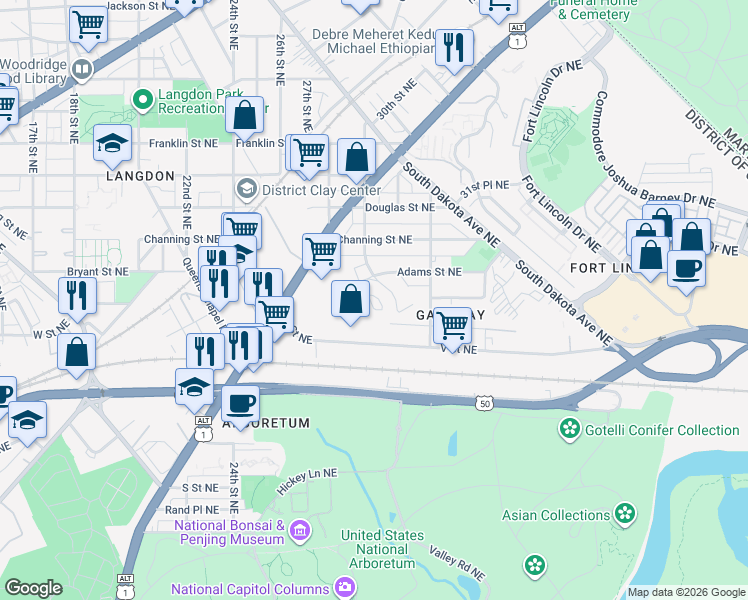 map of restaurants, bars, coffee shops, grocery stores, and more near 101 Independence Avenue Southeast in Washington