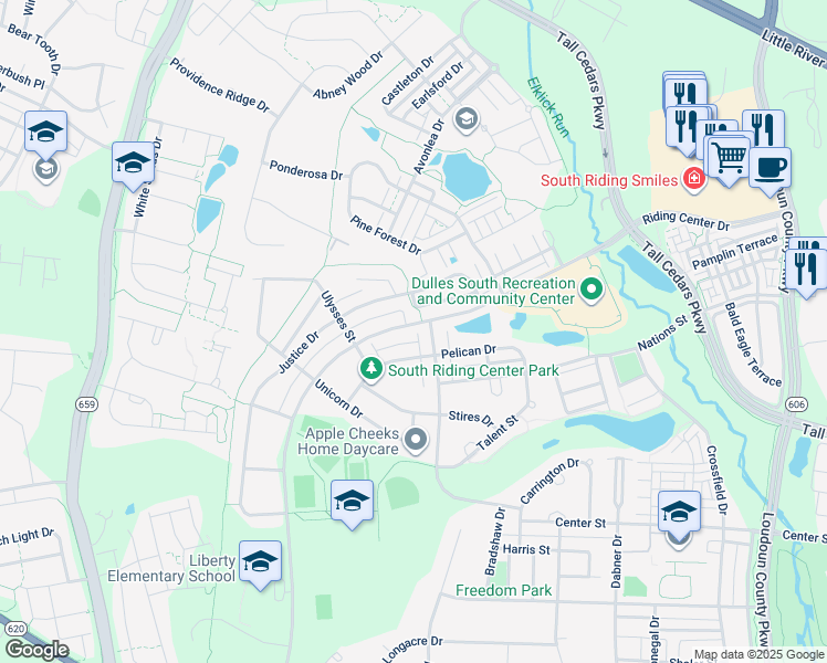map of restaurants, bars, coffee shops, grocery stores, and more near 25152 Riding Center Drive in South Riding