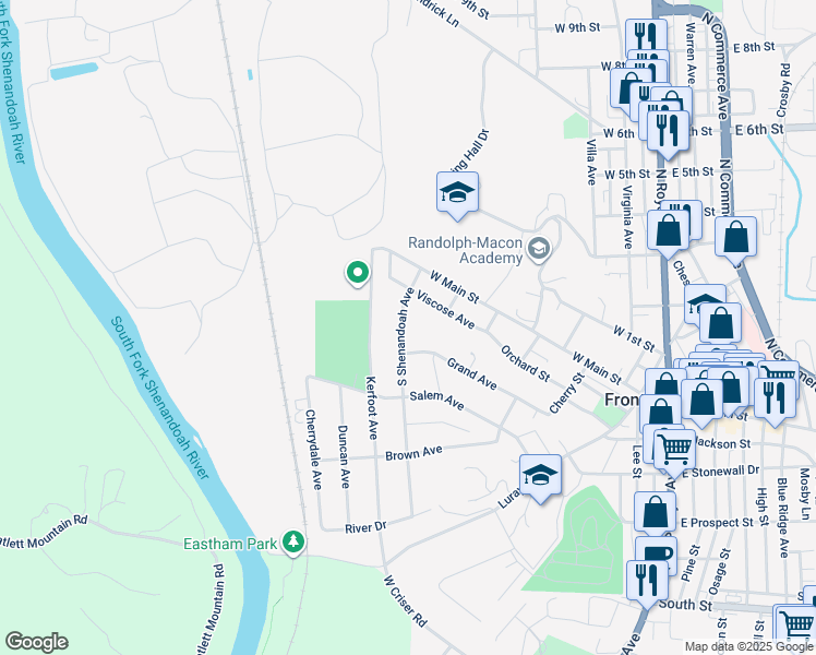 map of restaurants, bars, coffee shops, grocery stores, and more near 118 South Shenandoah Avenue in Front Royal