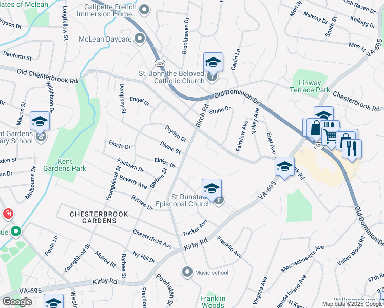 map of restaurants, bars, coffee shops, grocery stores, and more near 1717 Birch Road in McLean