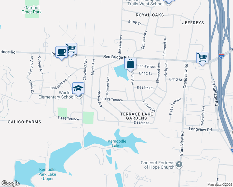 map of restaurants, bars, coffee shops, grocery stores, and more near 4301 East 113th Street in Kansas City