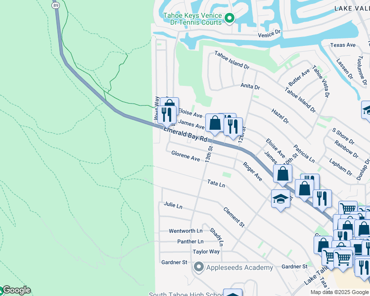map of restaurants, bars, coffee shops, grocery stores, and more near 596b Roger Avenue in South Lake Tahoe