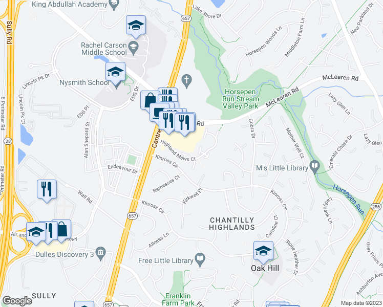 map of restaurants, bars, coffee shops, grocery stores, and more near 13564 Highland Mews Court in Herndon