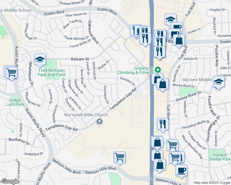 map of restaurants, bars, coffee shops, grocery stores, and more near 5844 Oakwood Drive in Colorado Springs