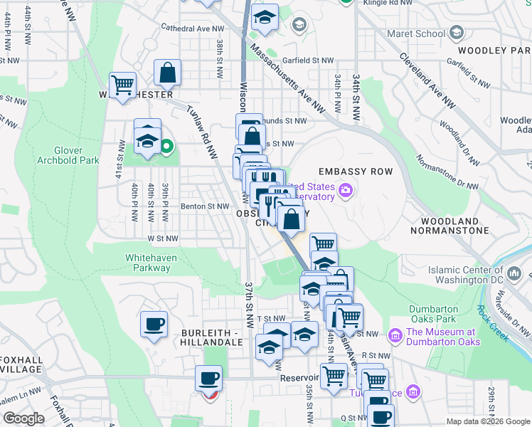 map of restaurants, bars, coffee shops, grocery stores, and more near 2320 Wisconsin Avenue Northwest in Washington