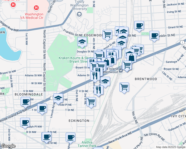 map of restaurants, bars, coffee shops, grocery stores, and more near 2310 4th Street Northeast in Washington