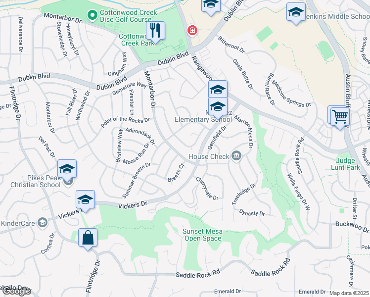 map of restaurants, bars, coffee shops, grocery stores, and more near 4125 Dolphin Circle in Colorado Springs