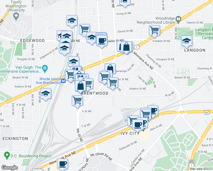 map of restaurants, bars, coffee shops, grocery stores, and more near 1233 Brentwood Road Northeast in Washington