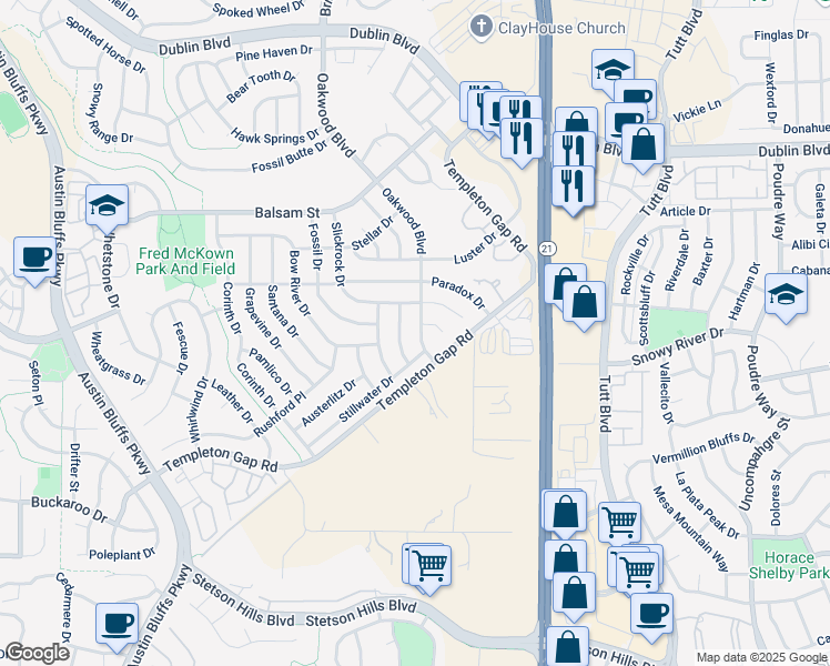 map of restaurants, bars, coffee shops, grocery stores, and more near 5844 Oakwood Drive in Colorado Springs
