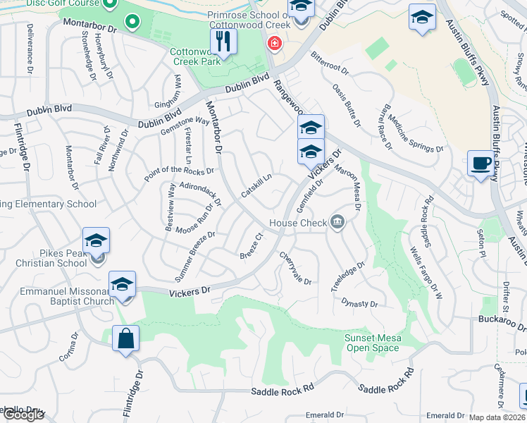 map of restaurants, bars, coffee shops, grocery stores, and more near 4125 Dolphin Circle in Colorado Springs