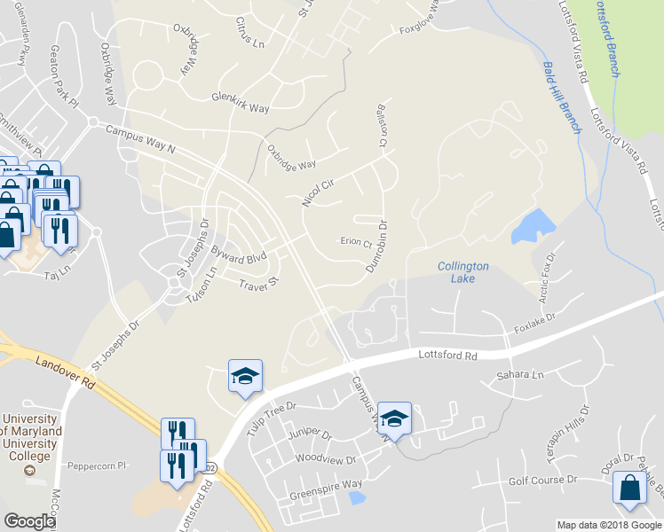 map of restaurants, bars, coffee shops, grocery stores, and more near 2314 Nicol Circle in Bowie
