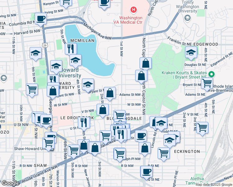map of restaurants, bars, coffee shops, grocery stores, and more near 121 Adams Street Northwest in Washington