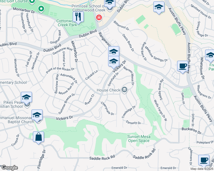 map of restaurants, bars, coffee shops, grocery stores, and more near 6260 Gemfield Drive in Colorado Springs