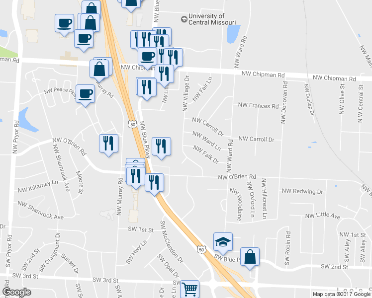 map of restaurants, bars, coffee shops, grocery stores, and more near 427 Northwest Village Drive in Lee's Summit