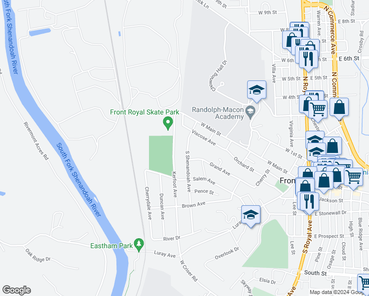 map of restaurants, bars, coffee shops, grocery stores, and more near 117 South Shenandoah Avenue in Front Royal