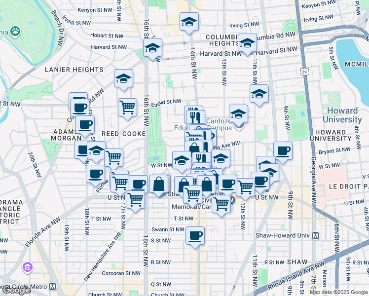 map of restaurants, bars, coffee shops, grocery stores, and more near 1444 Belmont Street Northwest in Washington