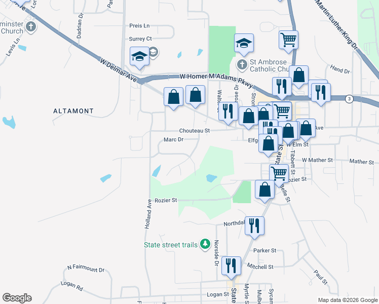 map of restaurants, bars, coffee shops, grocery stores, and more near 2600 Banks Drive in Alton