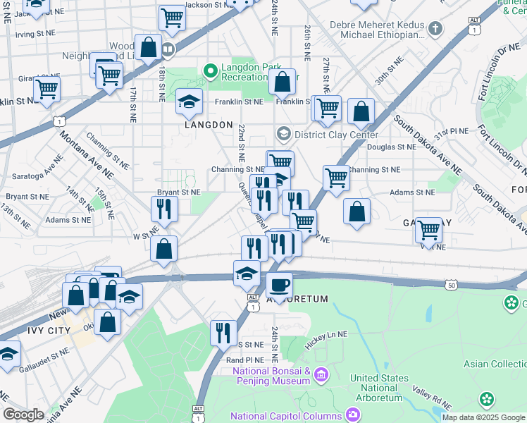 map of restaurants, bars, coffee shops, grocery stores, and more near 101 Independence Avenue Southeast in Washington