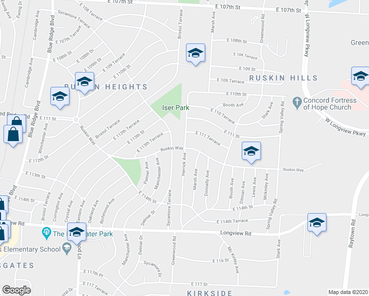 map of restaurants, bars, coffee shops, grocery stores, and more near Ruskin Way in Kansas City