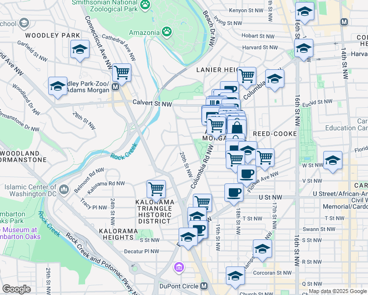 map of restaurants, bars, coffee shops, grocery stores, and more near 1922 Belmont Road Northwest in Washington