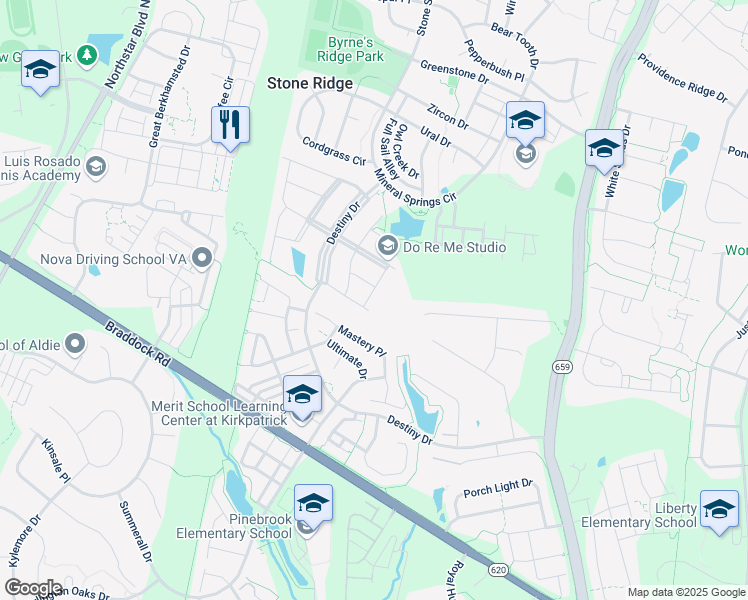 map of restaurants, bars, coffee shops, grocery stores, and more near 25204 Quartzite Terrace in Aldie