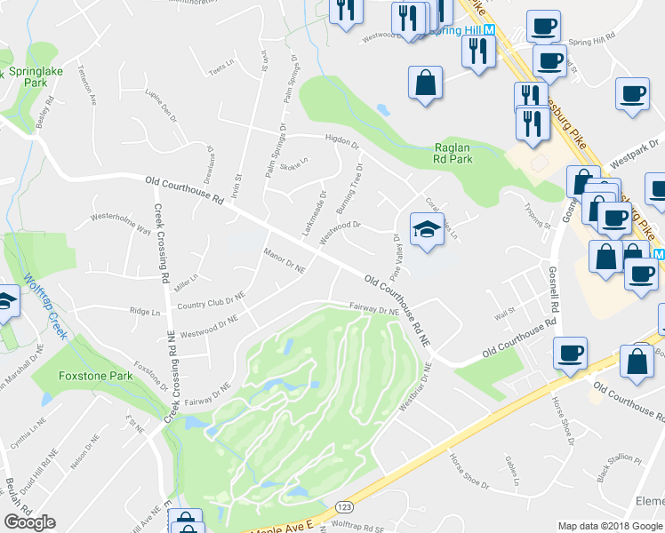 map of restaurants, bars, coffee shops, grocery stores, and more near 500 Old Courthouse Road Northeast in Vienna