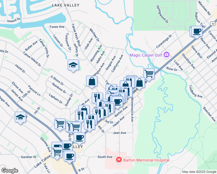 map of restaurants, bars, coffee shops, grocery stores, and more near 928 Tahoe Keys Boulevard in South Lake Tahoe