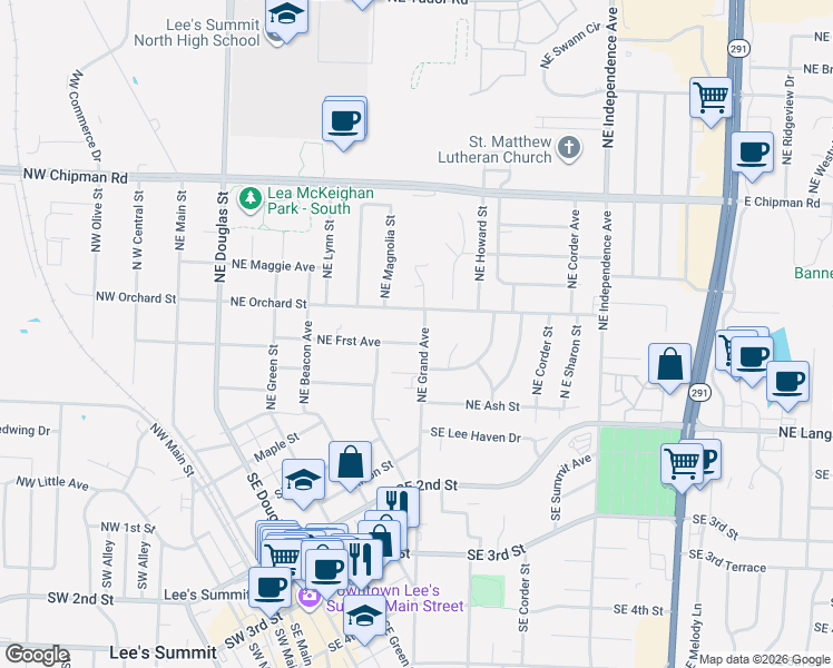 map of restaurants, bars, coffee shops, grocery stores, and more near 402 Northeast Grand Avenue in Lee's Summit