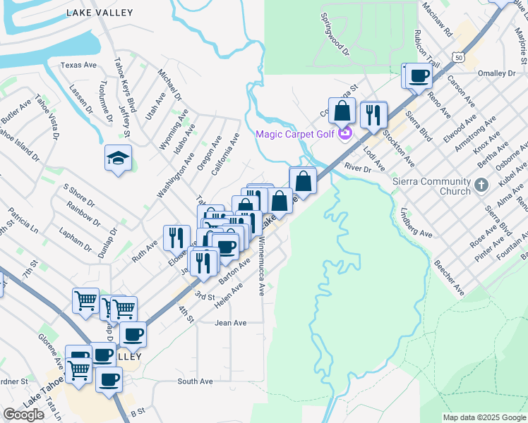 map of restaurants, bars, coffee shops, grocery stores, and more near 2317 Lake Tahoe Boulevard in South Lake Tahoe