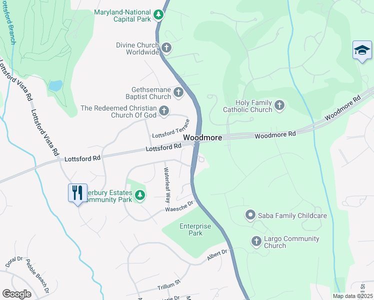 map of restaurants, bars, coffee shops, grocery stores, and more near 1908 Enterprise Road in Bowie