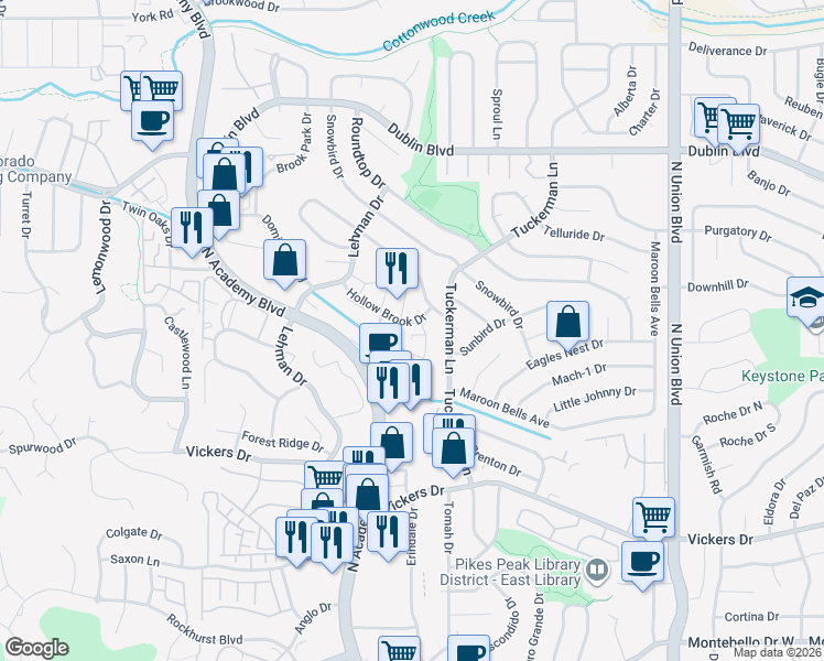 map of restaurants, bars, coffee shops, grocery stores, and more near 2240 Covenant Heights in Colorado Springs