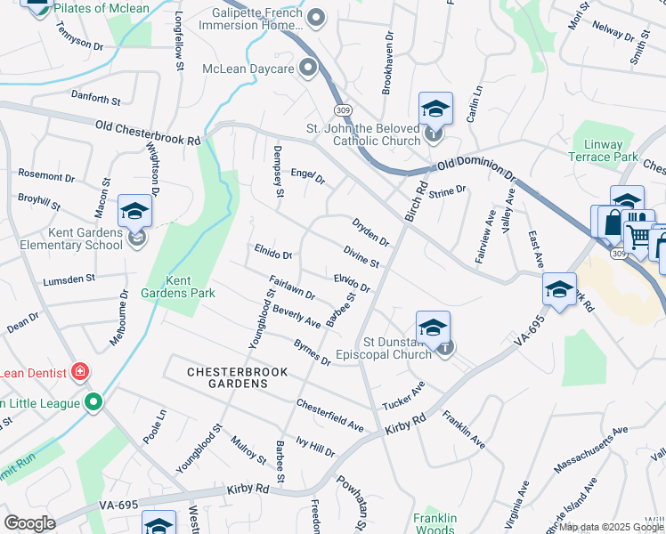 map of restaurants, bars, coffee shops, grocery stores, and more near 1719 Chateau Court in McLean
