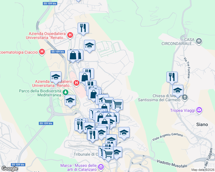 map of restaurants, bars, coffee shops, grocery stores, and more near 43 Via Francesco Paglia in Catanzaro