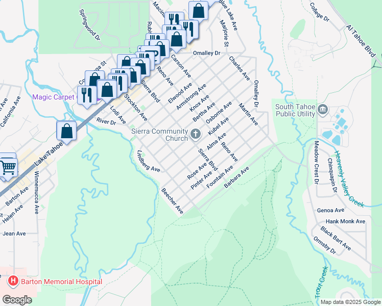 map of restaurants, bars, coffee shops, grocery stores, and more near 2534 Kubel Avenue in South Lake Tahoe