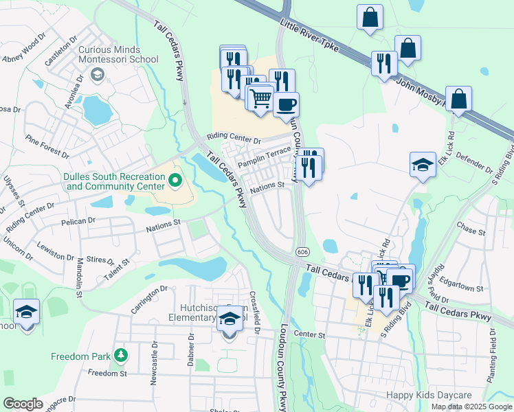 map of restaurants, bars, coffee shops, grocery stores, and more near 25194 Whippoorwill Terrace in Chantilly