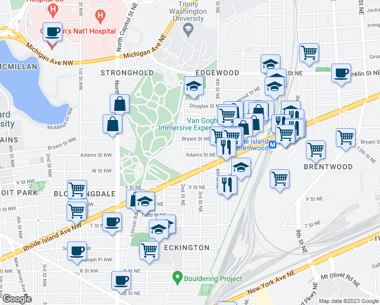 map of restaurants, bars, coffee shops, grocery stores, and more near 212 Adams Street Northeast in Washington