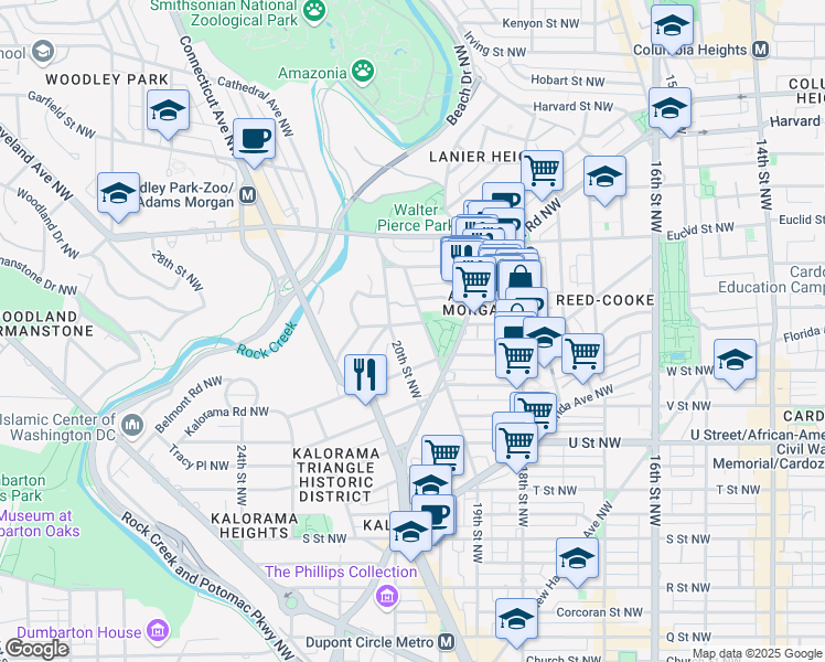 map of restaurants, bars, coffee shops, grocery stores, and more near 1912 Belmont Road Northwest in Washington