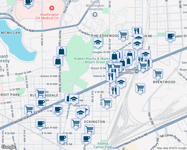 map of restaurants, bars, coffee shops, grocery stores, and more near 102 Adams Street Northeast in Washington