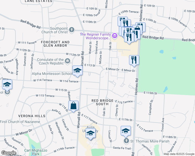 map of restaurants, bars, coffee shops, grocery stores, and more near 11334 East Minor Drive in Kansas City