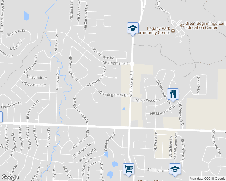 map of restaurants, bars, coffee shops, grocery stores, and more near 504 Northeast Spring Creek Place in Lee's Summit