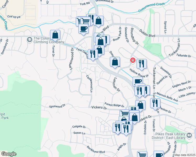 map of restaurants, bars, coffee shops, grocery stores, and more near 6113 Little Pine Circle in Colorado Springs