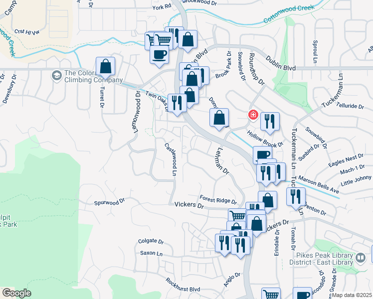 map of restaurants, bars, coffee shops, grocery stores, and more near 6113 Little Pine Circle in Colorado Springs