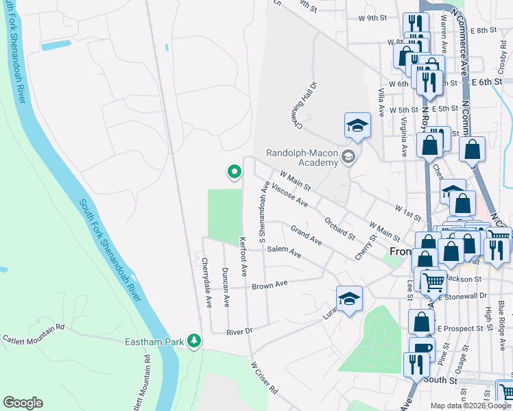 map of restaurants, bars, coffee shops, grocery stores, and more near 114 South Shenandoah Avenue in Front Royal