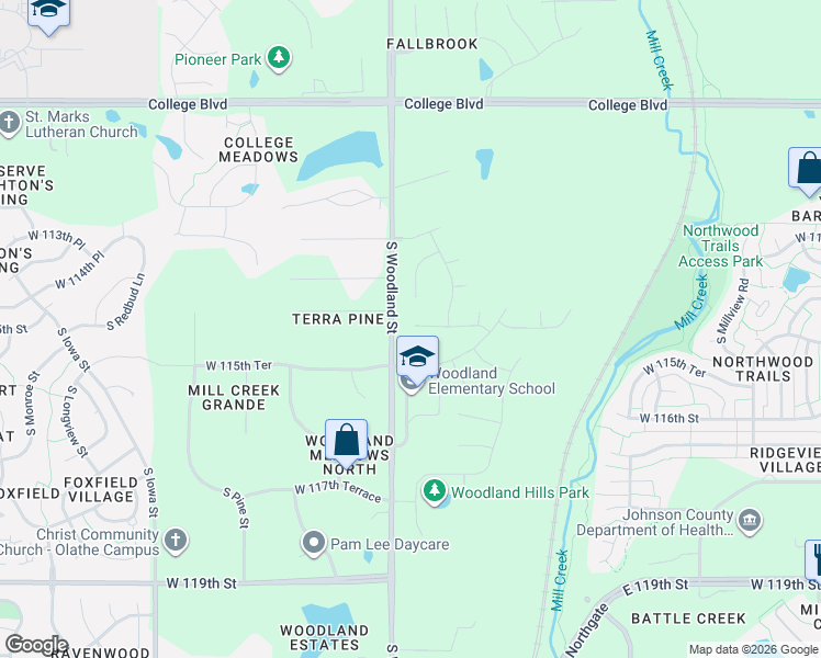 map of restaurants, bars, coffee shops, grocery stores, and more near 11415 South Woodland Street in Olathe