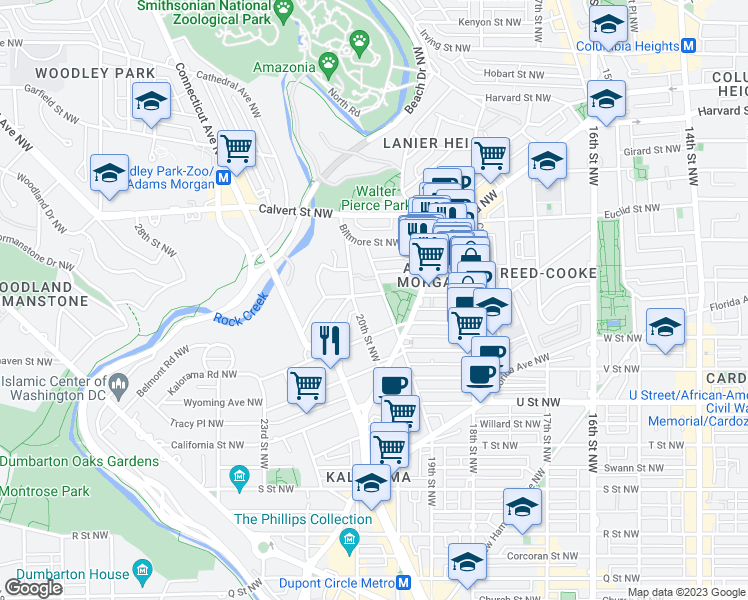 map of restaurants, bars, coffee shops, grocery stores, and more near 1910 Belmont Road Northwest in Washington